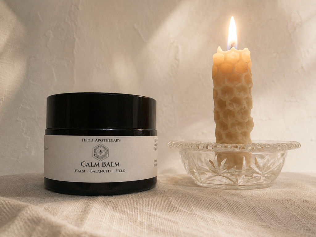 Hedd Calm Balm and beeswax candle for relaxation and evening ritual.