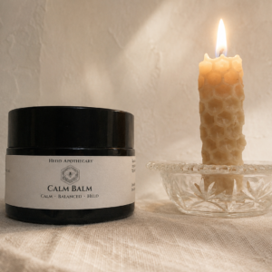 Hedd Calm Balm and beeswax candle for relaxation and evening ritual.